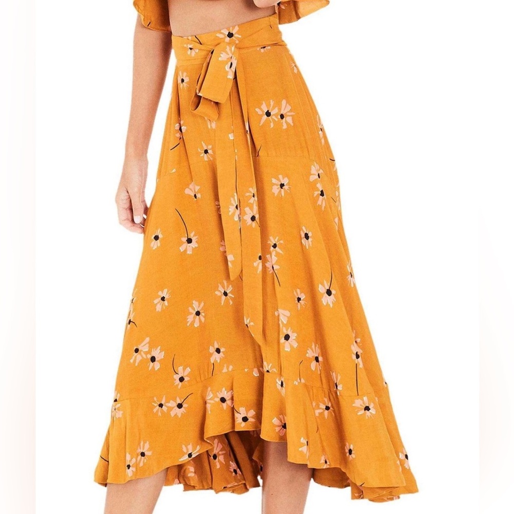 NWT Anthropologie Faithfull the Brand High-Low Skirt in Floral Mustard Orange
